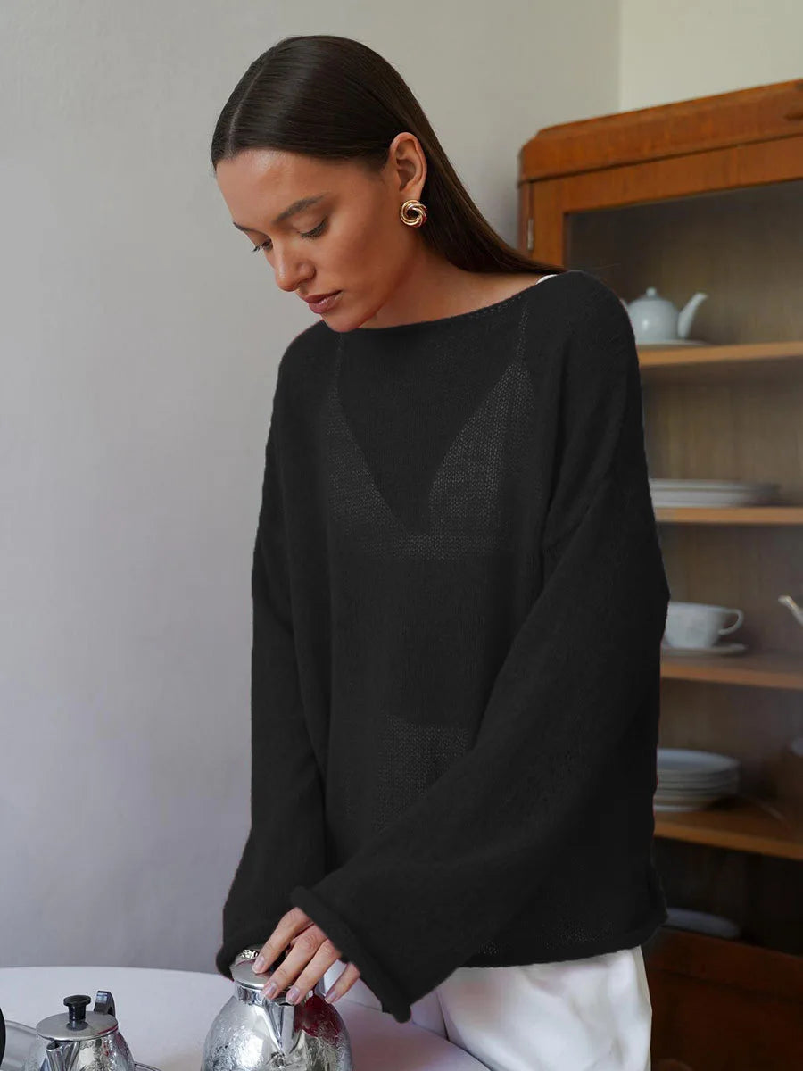 Spring Summer Hollow Knitted Oversized Sweater T Shirt Round Neck Long Sleeves Tops Loose Elegant Pullover for Women Clothing