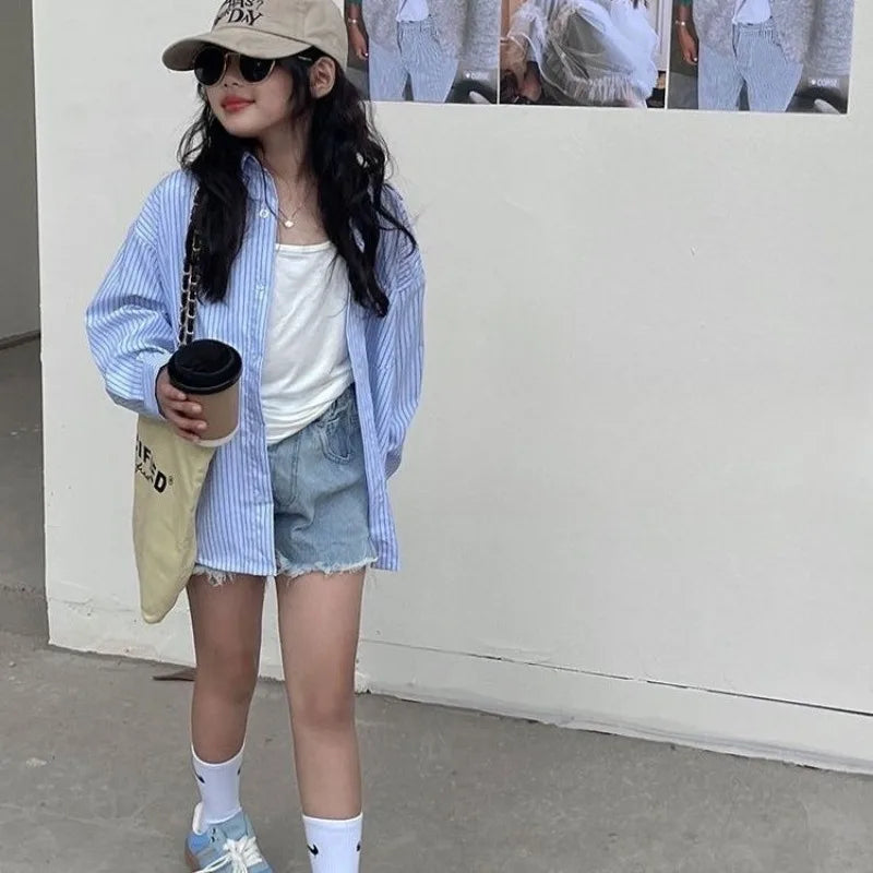 Kids Striped Shirt 2026 Spring New Korean Style Designer Loose Fit Casual Outerwear Top Trendy