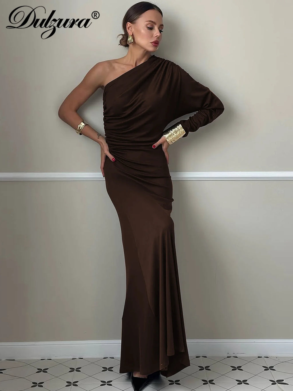 Dulzura One-Shoulder Long Sleeve Slim Fit Ruched Long Dress Women'S Solid Sexy Elegant Clothes Evening Party Club Autumn Clothes