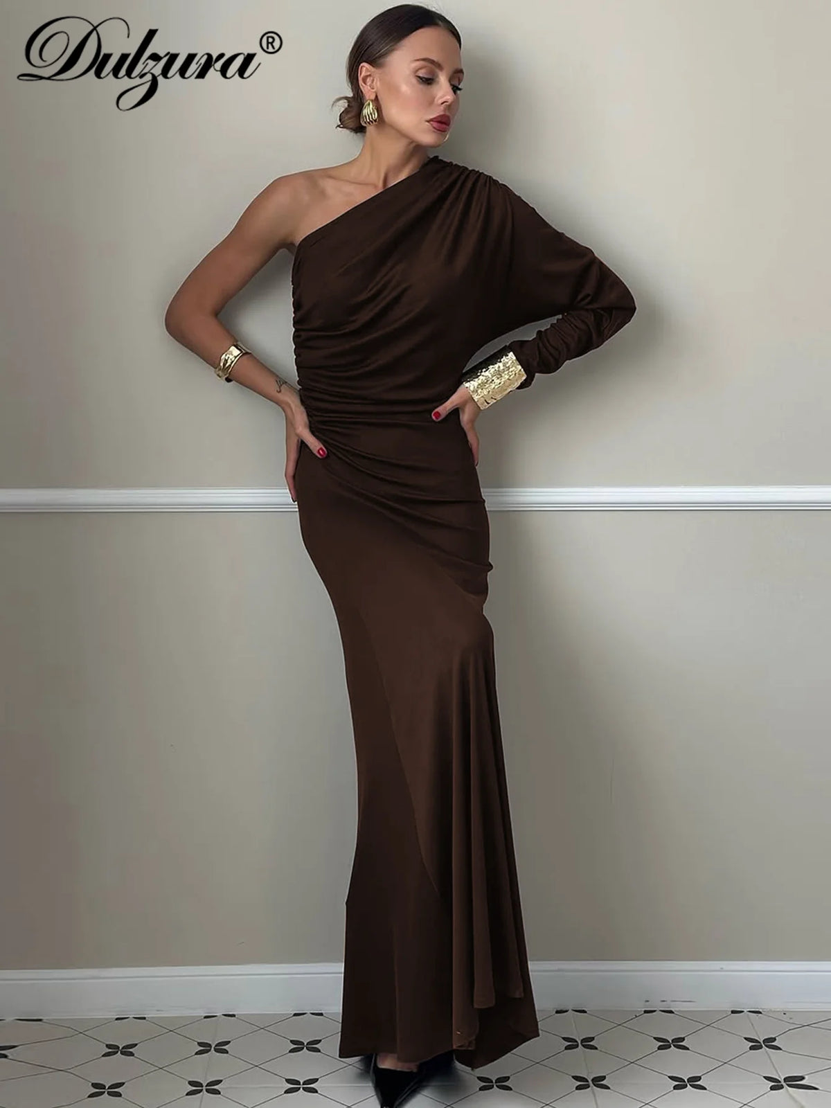 Dulzura One-Shoulder Long Sleeve Slim Fit Ruched Long Dress Women'S Solid Sexy Elegant Clothes Evening Party Club Autumn Clothes