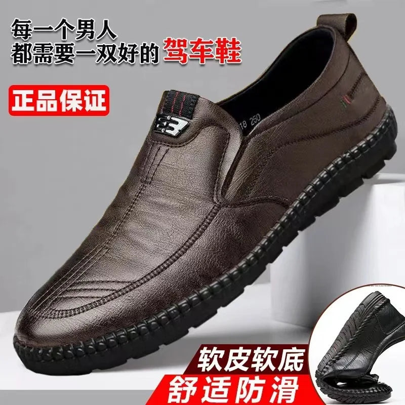 2026 Mens Leather Loafers Non Slip Walking Flats Breathable Outdoor Slip on Casual Shoes for Male Work Office Driving Sneakers