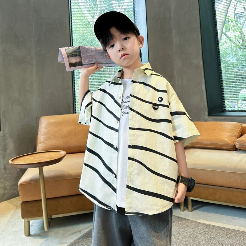 New Kids Designer Asymmetrical Striped Shirts For Boys Summer Short Sleeve Cotton Blouse Top Kids Outfits Teenage Clothes 5-14Y