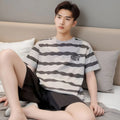 Men's short-sleeved pajama set with striped cartoon pattern - Boys' simple and casual home wear