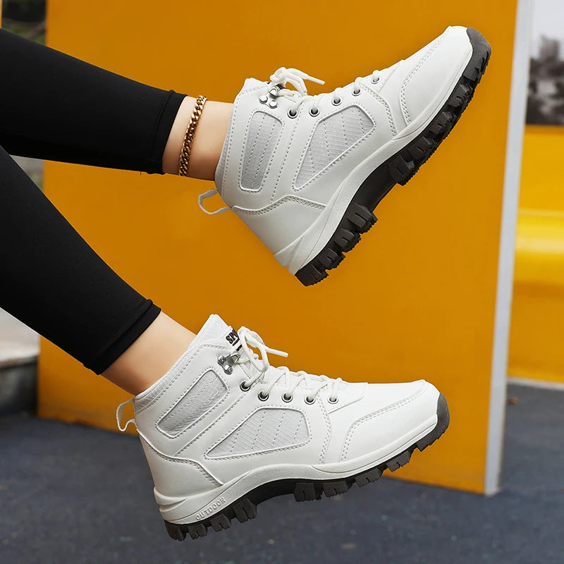 Women Sports Shoes White Casual Non Slip Running Shoes Outdoor Hiking Climbing Waterproof Breathable Lace Up Platform Sneakers
