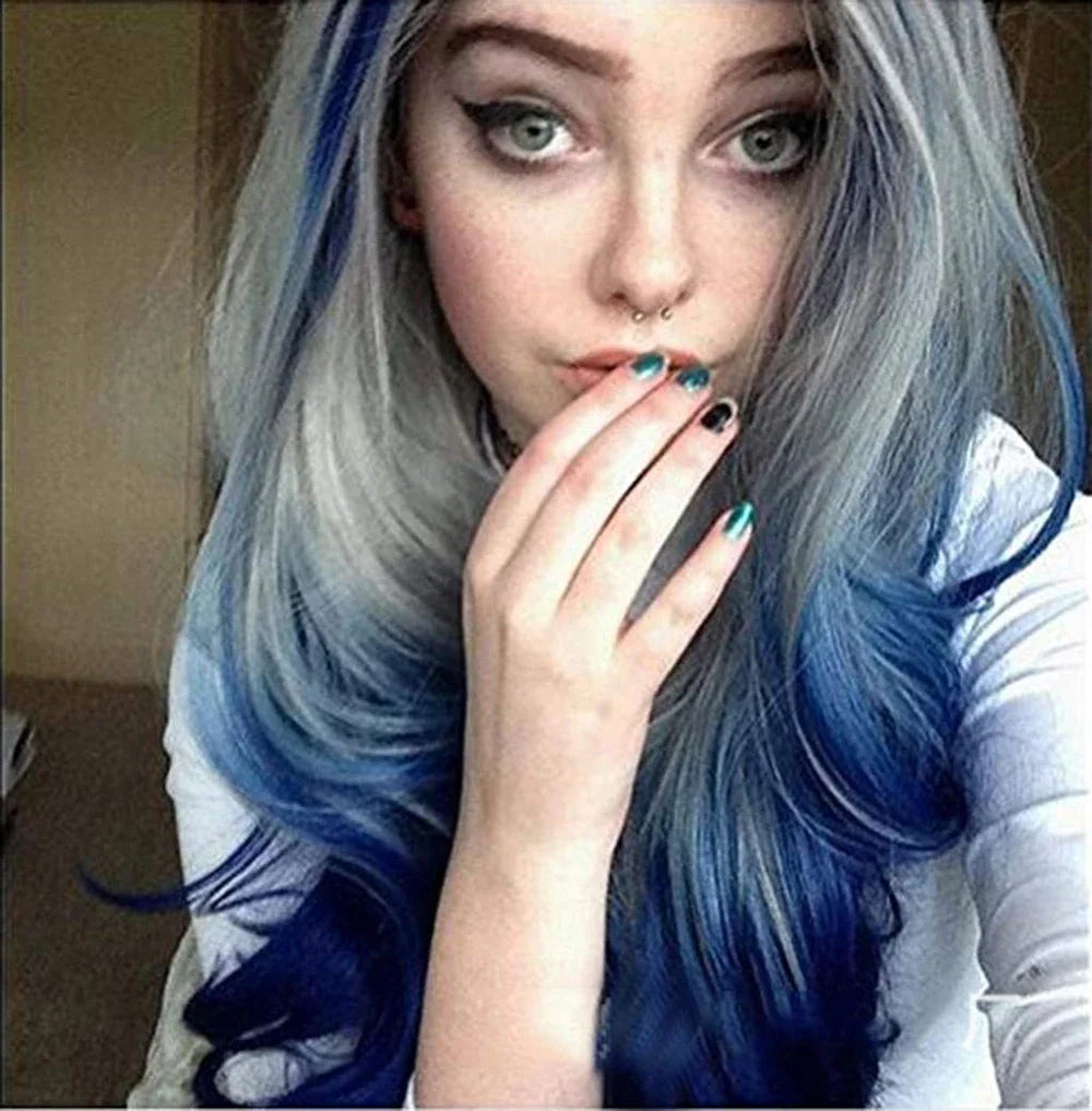 Synthetic Hair Long Blue Ombre Gray Wig Wavy Women's Costume Wigs Lolita Cosplay Wig Pelucas Rainbow Wig