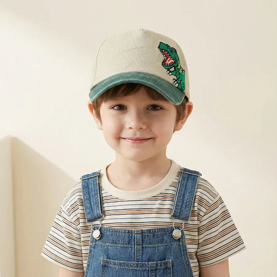 Children's Baseball Caps - Boys and Girls, Plaid Cotton Floppy Baseball Caps, Trendy Kids' Small Dinosaur Sun Protection Hats