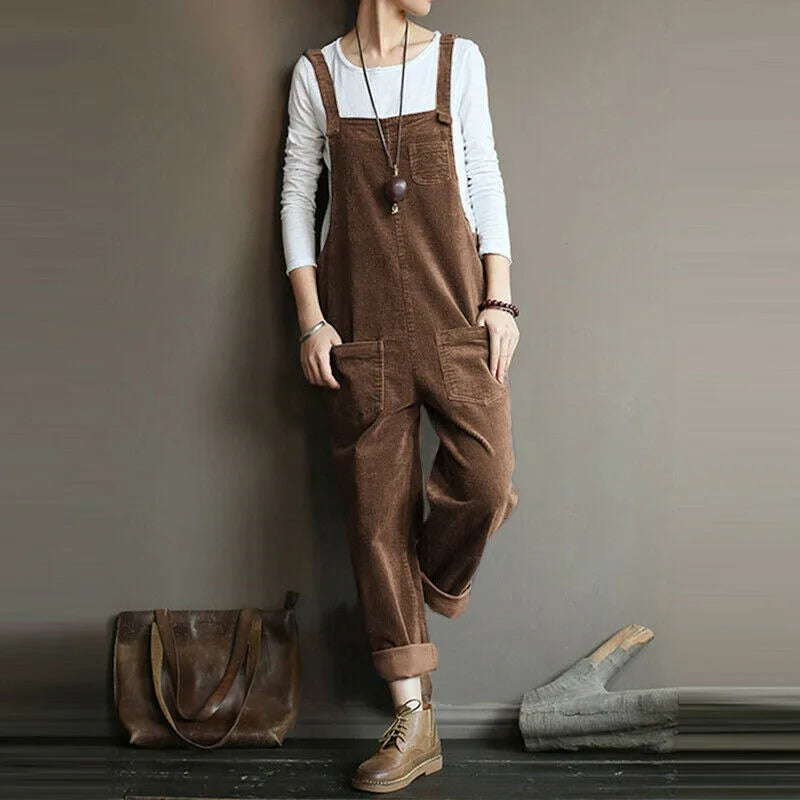 S-5XL Women Corduroy Jumpsuit Pocket Wide Leg Solid Color Loose Sleeveless Simple Autumn Playsuits Rompers Streetwear