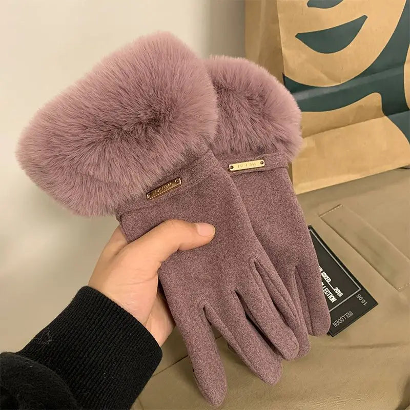 Winter Women Keep Warm Plus Velvet Touch Screen Thicken Plush Wrist Suede Gloves Fashion Personality Elegant Drive Cycling