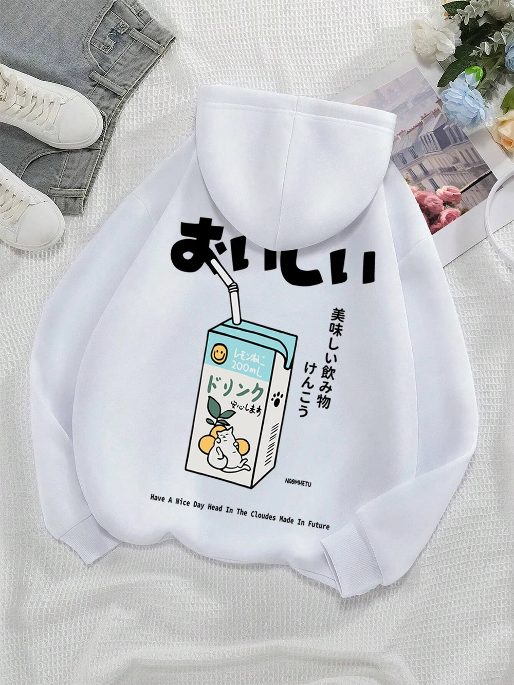 Kawaii Japanese Harajuku Cat Print Hoodie Men Women Fashion Loose Hoody O-Neck Casual New Sweatshirt Pocket Fleece Couple Hoody