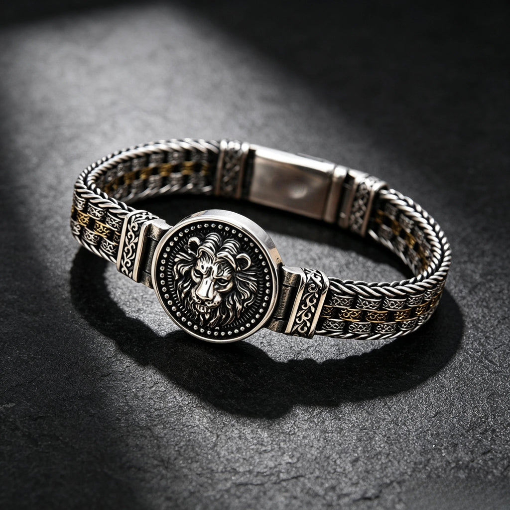 Men Vintage Two‑Tone Lion Head Bracelet Retro Embossed Medallion Braided Chain Punk Ethnic Statement Wrist Jewelry Gift