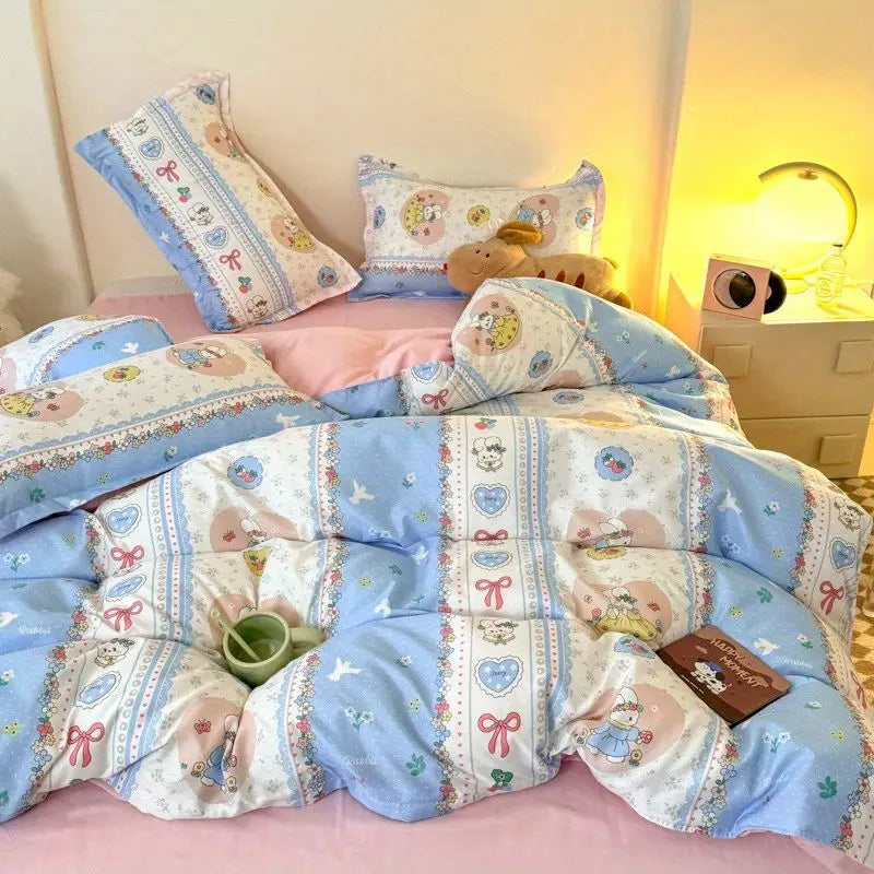 Cute Rabbit Bedding Set New No Filler Ins Floral Duvet Cover Flat Sheet Pillowcases Twin Queen Size Girls Boys Comforter Cover