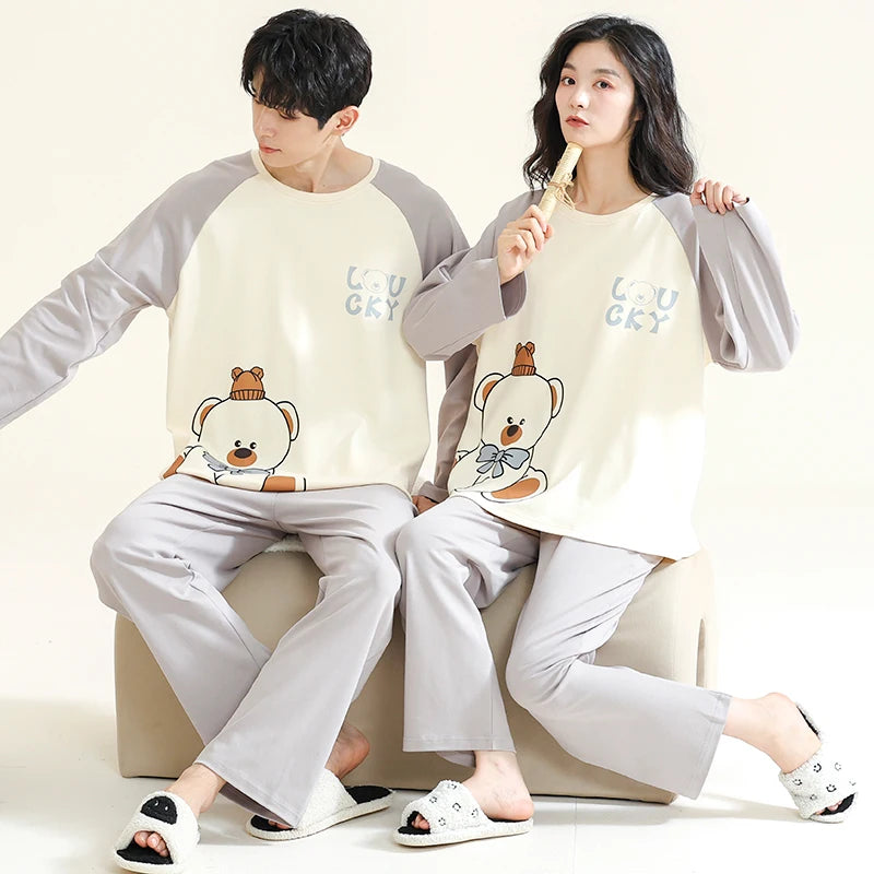Cartoon Cute Pajamas Set For Women Men Cotton Couples Homewear Autumn Spring Long Sleep Tops Pant Nightwear Mujer hombre