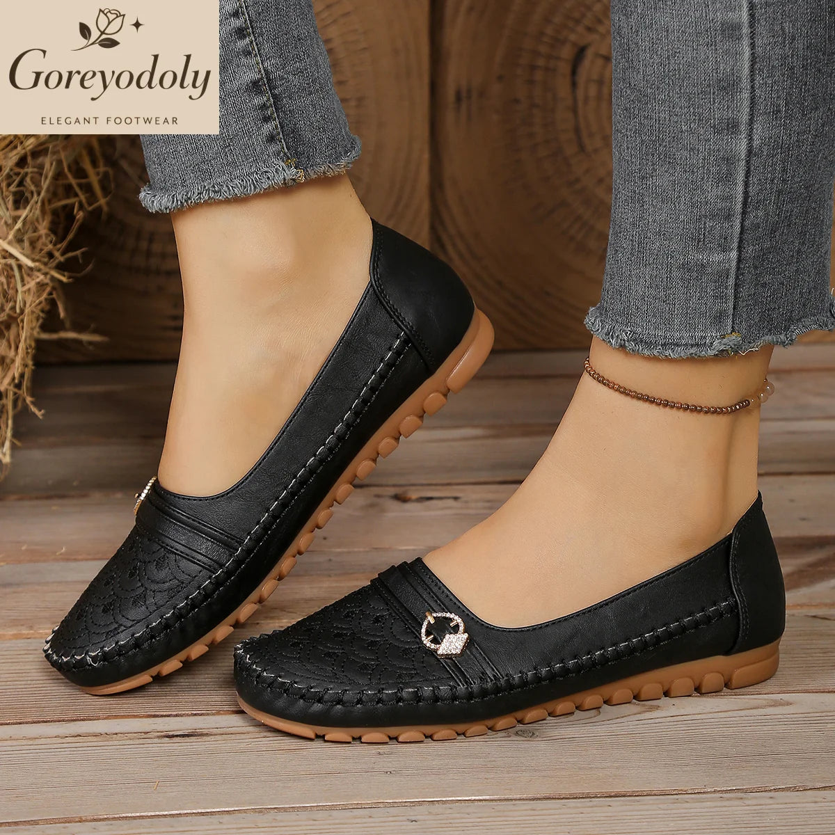 goreyodoly Women Comfortable Slip-On Loafers, Lightweight Breathable Wide Fit Flats with Embroidery & Rhinestone Buckle