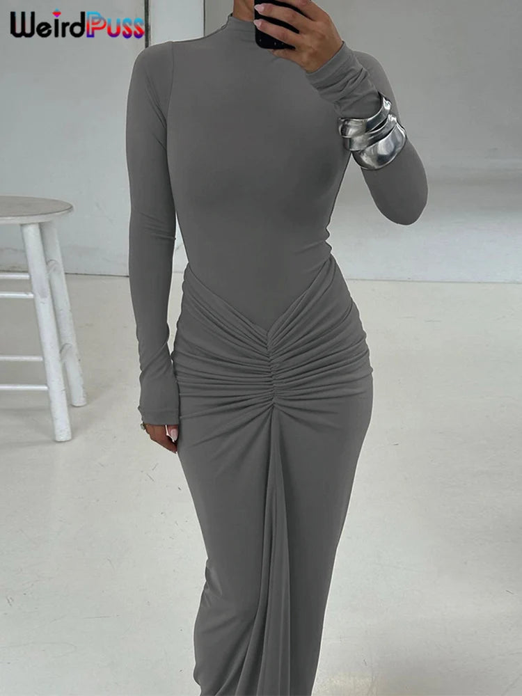 Weird Puss Hipster Ruched Dress Women O-Neck Full Sleeve Skinny Stretch Robe Autumn Trend Simple Classic Pleats Long Bodycon
