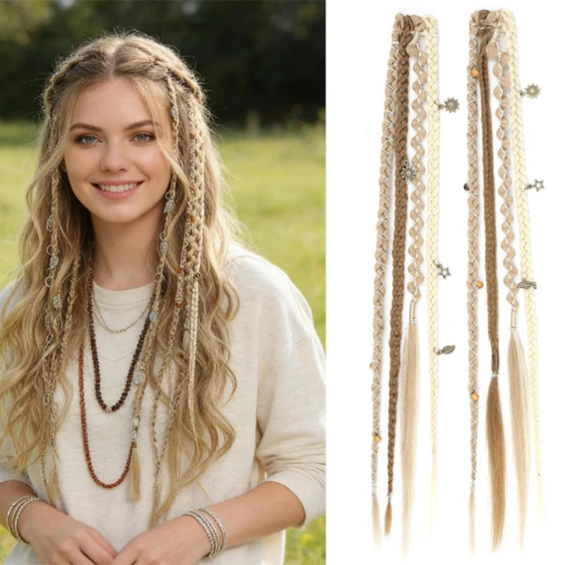 Wig with 4 small braids and hair extensions for women paired with Bohemian style BB clip on synthetic boxing braids