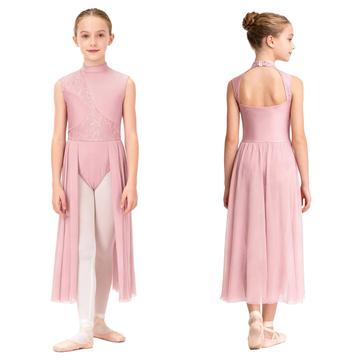 Kids Girls Floral Lace Patchwork Lyrical Ballet Dance Dresses Cutout Back Leotard Dress Dancewear Stage Performance Costume