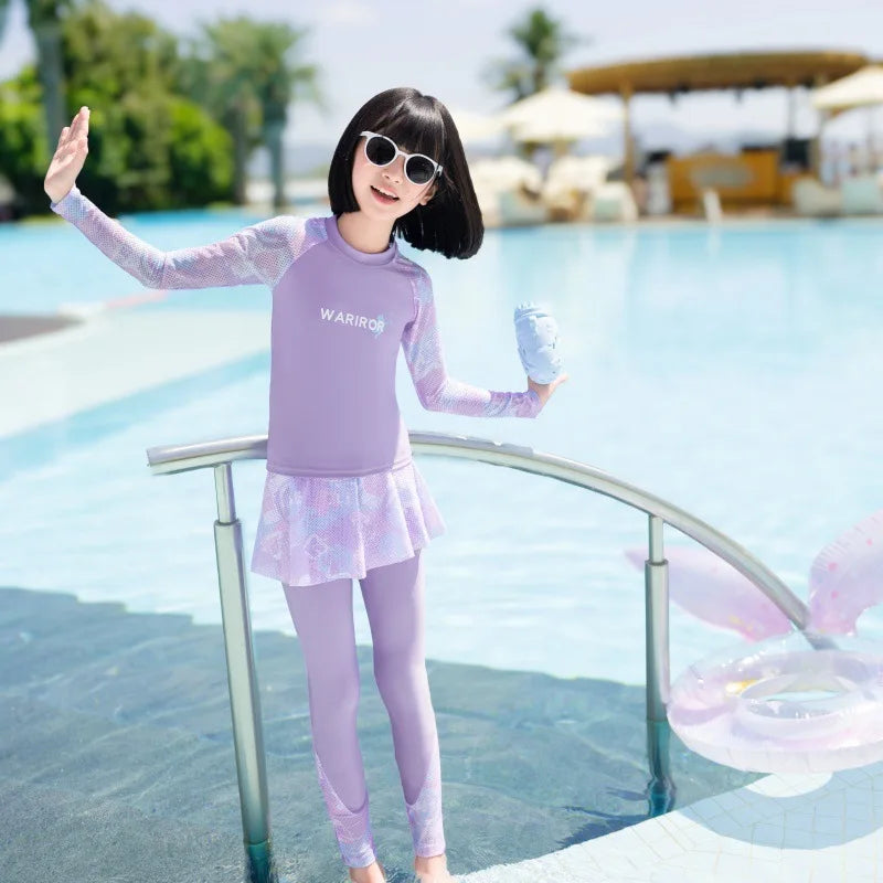 New Girls Fashion Swimsuit Sets Kids Long Sleeve Letter Top + Pants + Skirt 3Pcs for Kids 5-12 Years Split Swimming Clothes