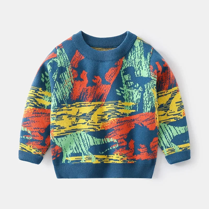 New 2023 Kids Children Pullover Sweater Autumn Winter Boys Cute Cartoon Jacquard O-neck Knitted Jumper Sweaters Tops Clothing