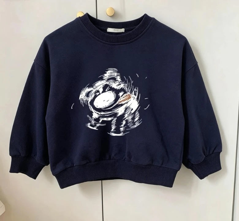 Kids Minimalist Cartoon Print Crew Neck Sweatshirt Soft Cotton Tops For Boys And Girls All Season Wear Baby Infant 9M-6T Clothes