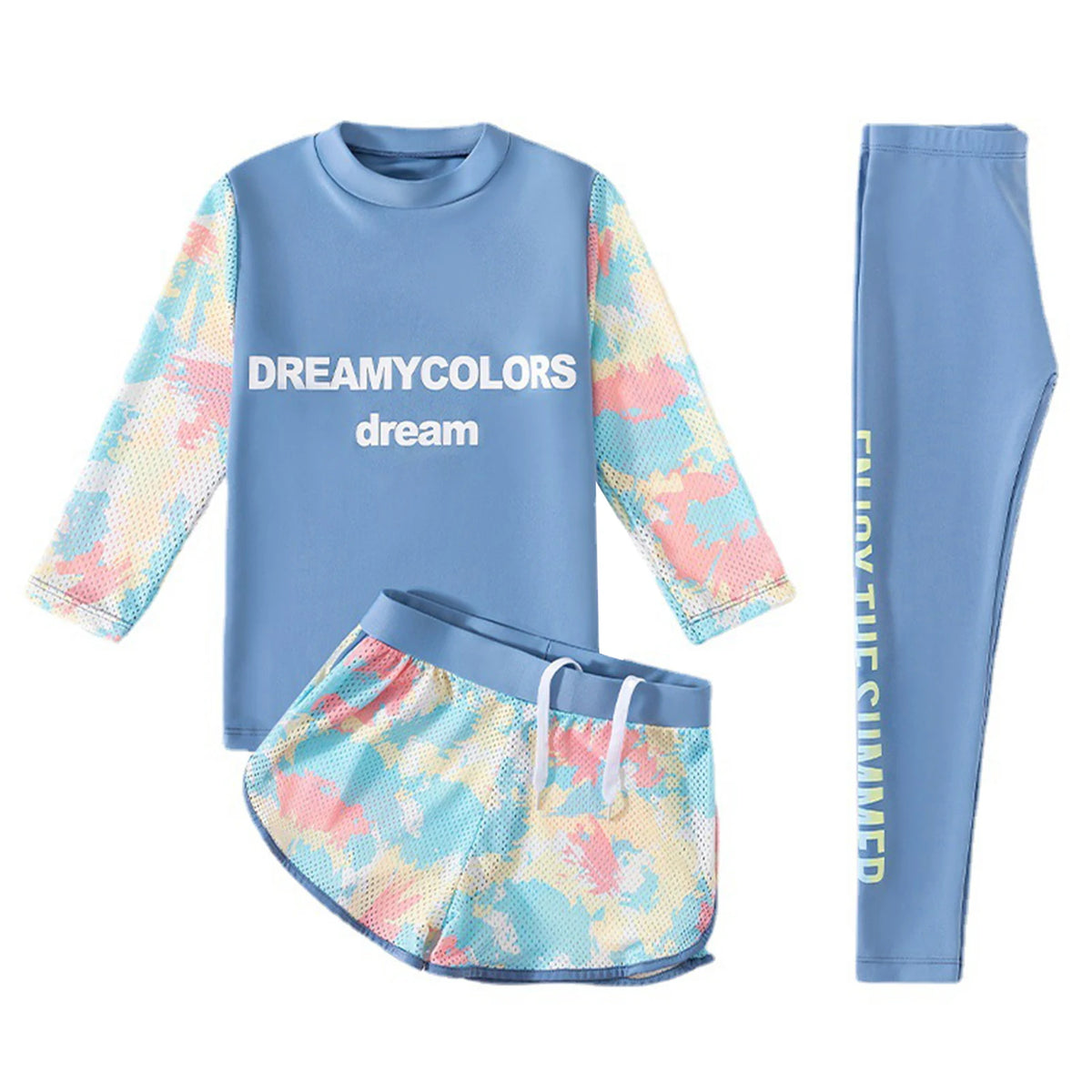 Kids Girls Print Swimsuit Long Sleeve Top with Shorts Pants Sun Protection Swimwear Rash Guard Beach Pool Bathing Suit Wetsuit