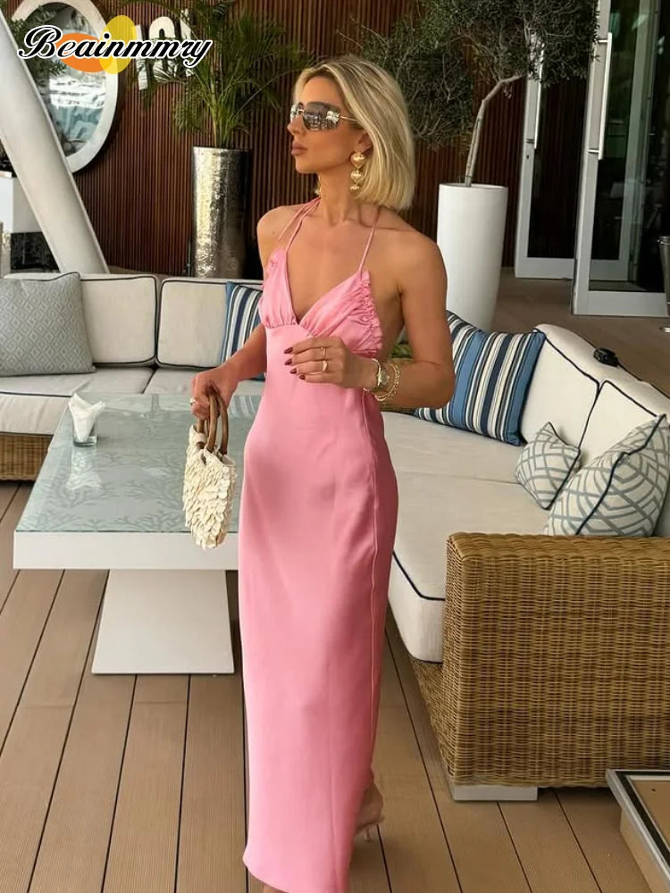 Elegant Satin Pink Women's Long Dresses Fashion Sleeveless Backless Slim Fit Hem Midi Dress Summer Female Holiday Robes 2026