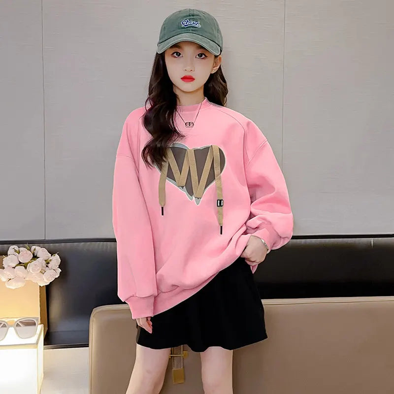Sweatshirt for Kids Autumn 2025 New Casual Sportswear School Girls Khaki Pink Sweatshirt 5 7 8 9 12 13 14 Years Children Clothes