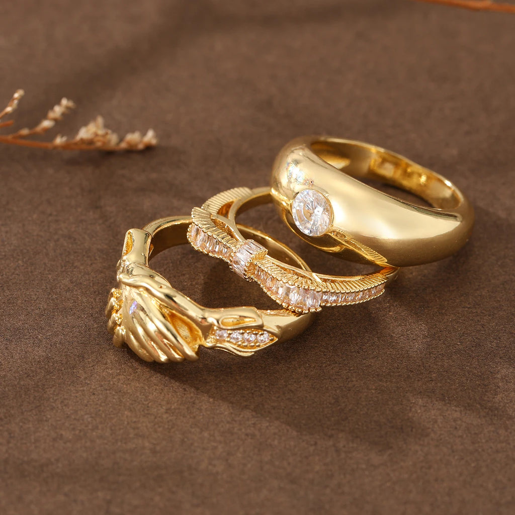 Three Luxury-Style Stacked-Set Diamond-Inlaid Copper Jewelry Rings for Ladies, Suitable for Daily Casual Wear