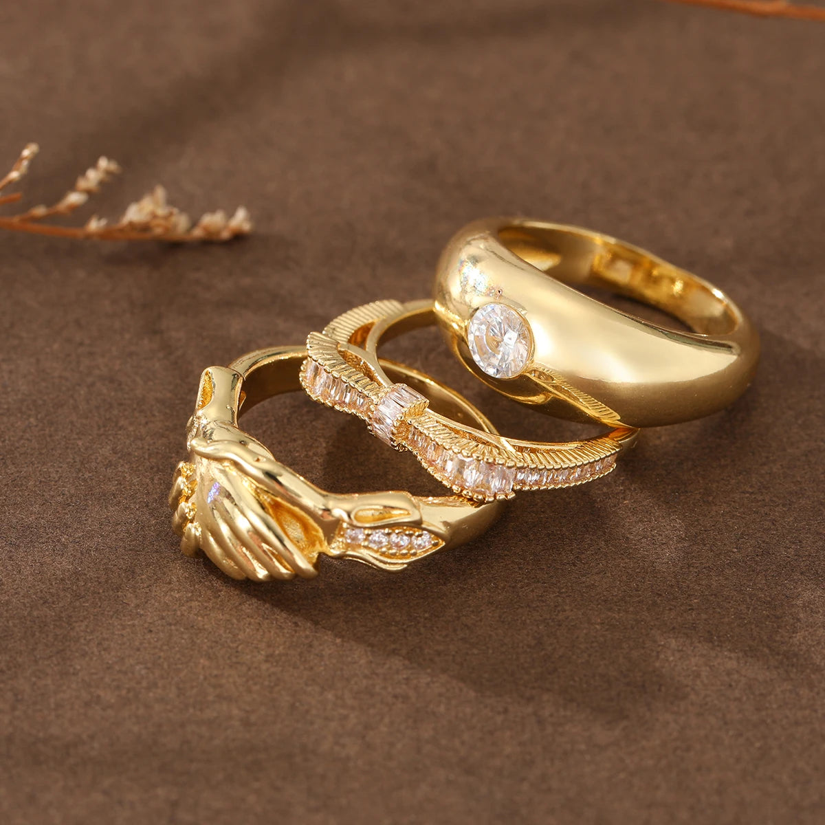 Three Luxury-Style Stacked-Set Diamond-Inlaid Copper Jewelry Rings for Ladies, Suitable for Daily Casual Wear
