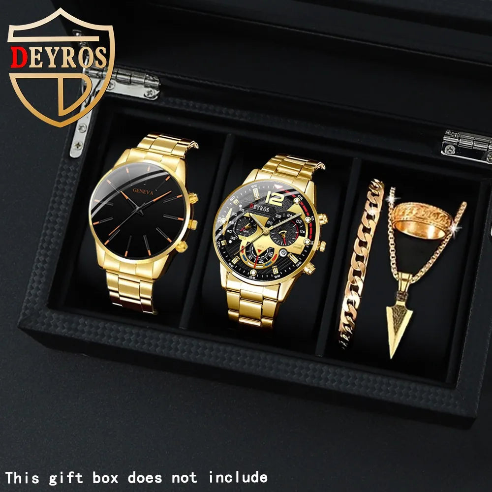 5Pieces/Set,Men's Watch Set, Fashion Classic Quartz Men's Watch, Necklace, Ring, Bracelet Men's Jewelry Set, Ideal Gift for Men.