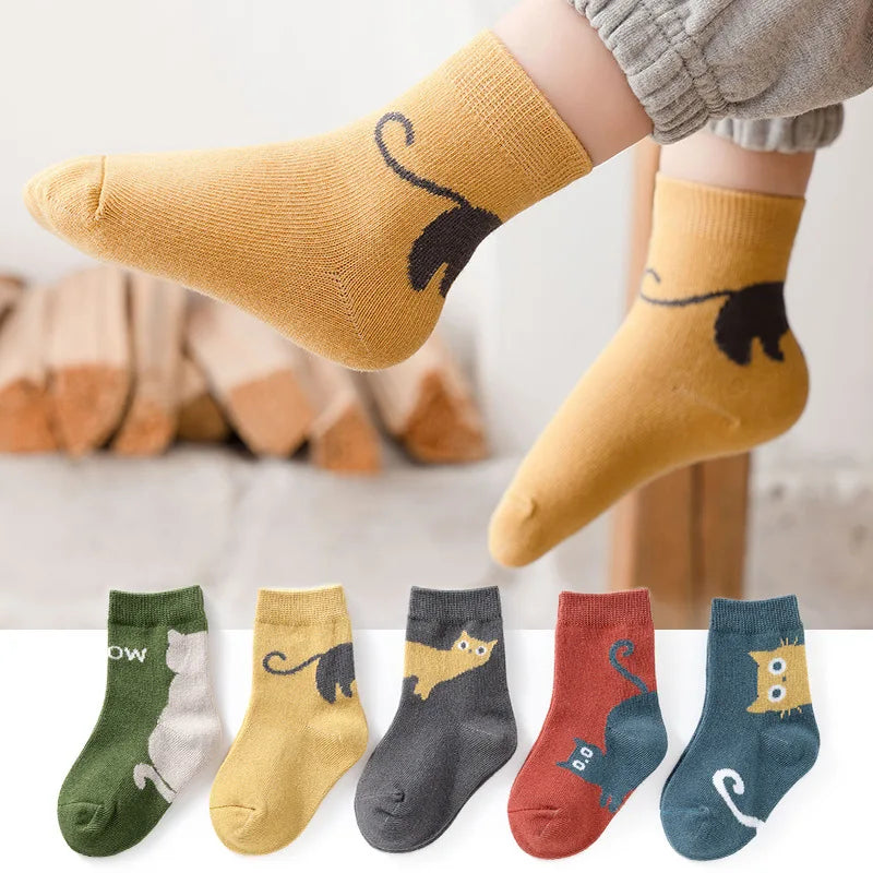 5/10 Pairs Kids Socks Autumn Winter Middle Tube Sock Cartoon Cat Pattern Comfortable Breathable Children Socks For Boys Girls