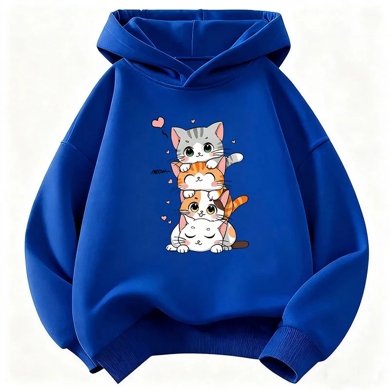 Cute Cat Graphic Kids Hoodie Long Sleeve Sweatshirt Cartoon Animal Boys Girls Clothes Kawaii Kitten Tops Y2K Children Hoody