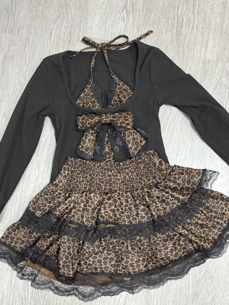 Autumn Winter Sexy Leopard Print Skirt Suit Women Fake Two Piece Tops + Lace Cake Skirt Set Japanese Y2k Bow Sets 2000s Clothing