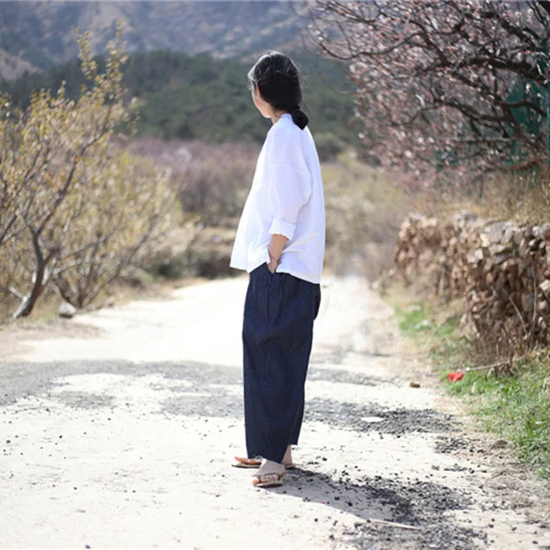 Johnature 2025 New Women Dark Blue Jeans Mid Elastic Waist Pants Summer Solid Color Loose Vintage Ankle-Length Pants
