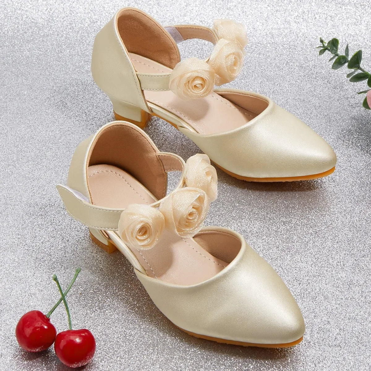 Summer New Fashion Children's Leather Shoes Rubber Soles Anti Slip Pointed-toe High Heels Flower Girls' Princess Sandals