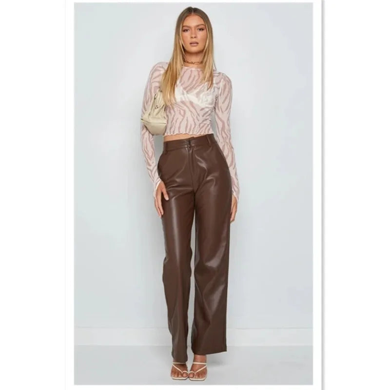 Women PU Leather Pants Solid Color High Waist Straight Trousers High Street Casual Pant