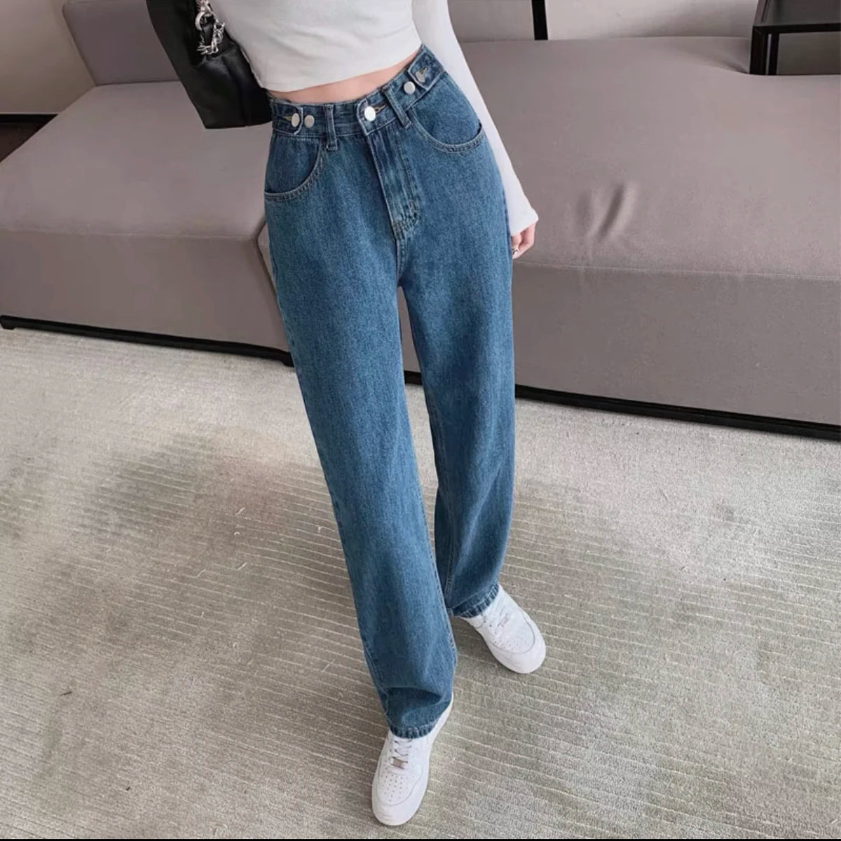 Trendy Ripped Straight Leg Jeans Women's Spring Summer High Waist Loose Wide Leg Pants Slimming Design Casual Denim Jeans