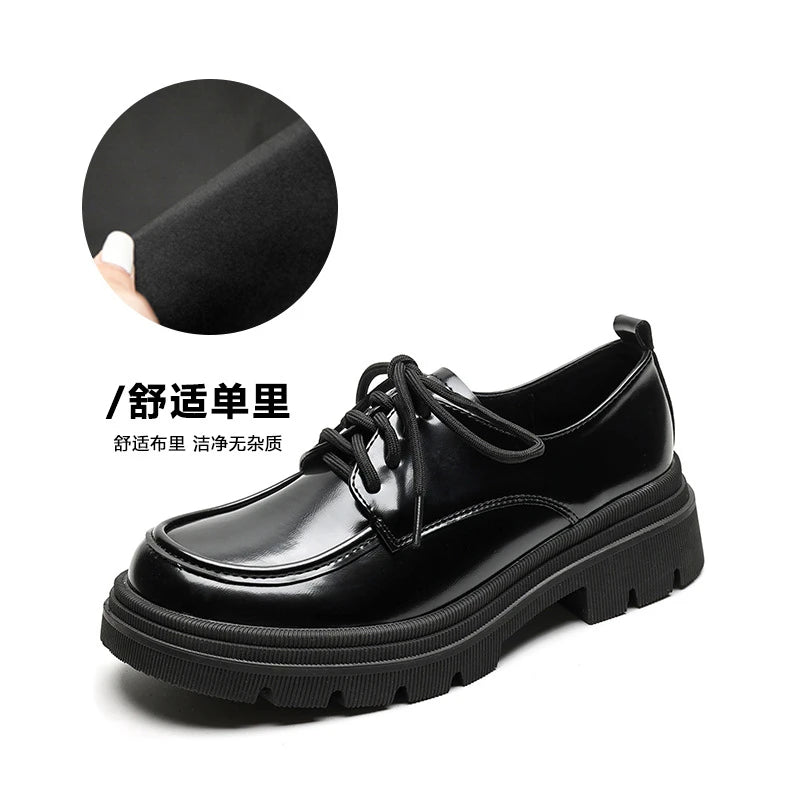 Women Black Lace Up Platform Loafers Retro British Style Leather Shoes Soft Sole Minimalist Casual Daily Footwear