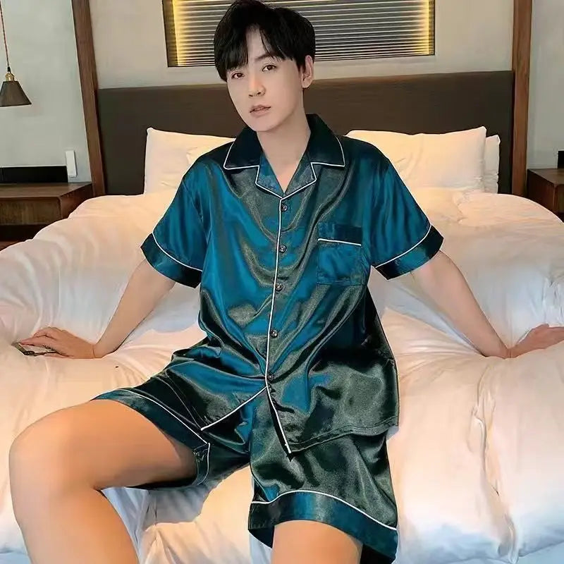 KIDWHXR Man Pajama Set Summer Single-breasted Shirt Male Loose Straight Shorts Men Ice Silk Comfortable 2-piece Sleepwear Outfit