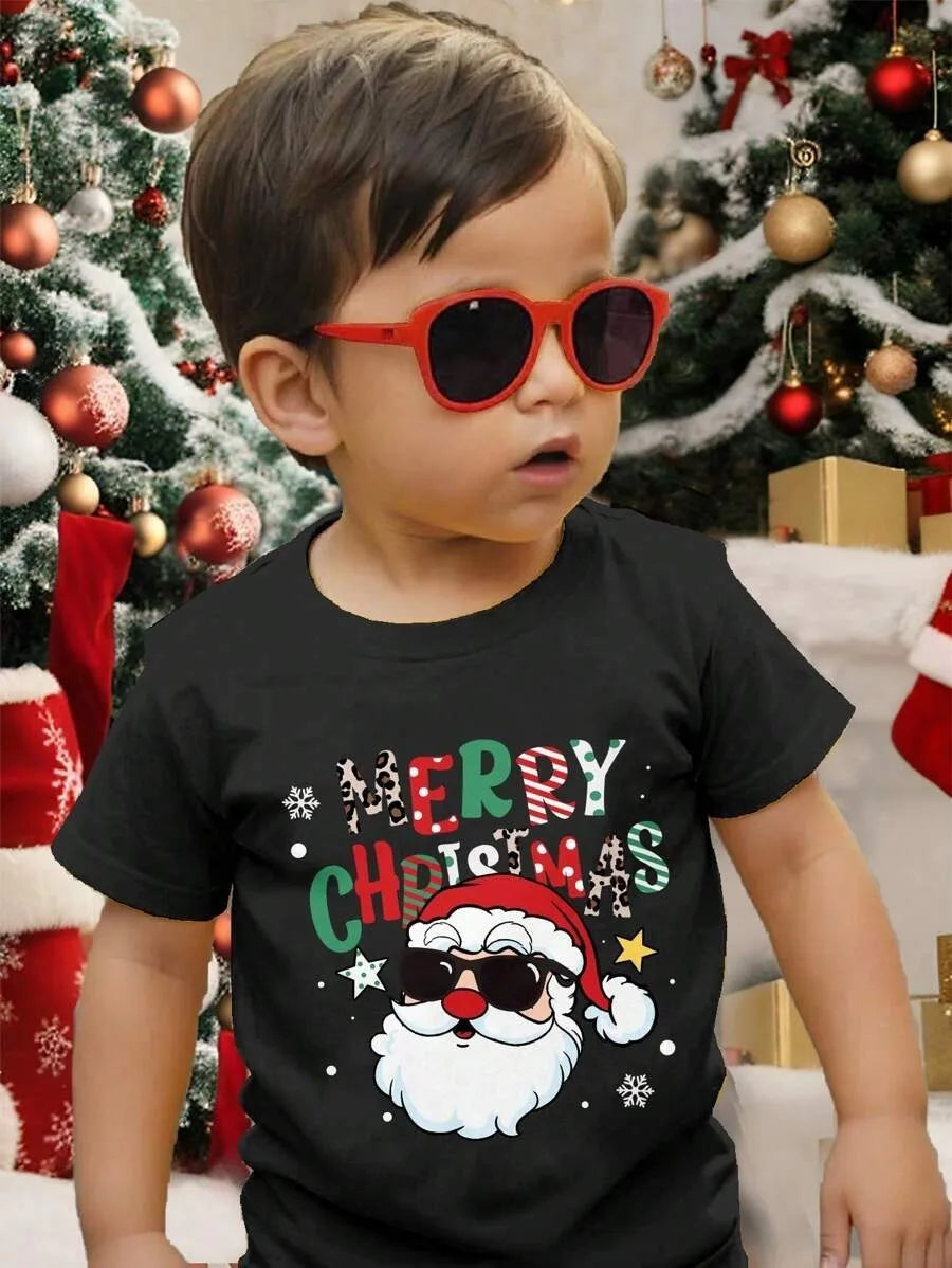 New Boys' T-shirts, Spring and Autumn Children's Colorful Christmas Printed Tops, Baby Base Shirts, Short-sleeved T-shirts