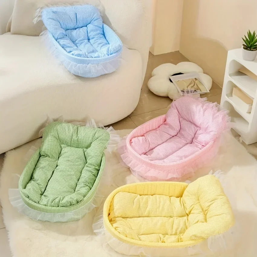 1set Cute Lace-Trimmed Pet Princess Bed For Winter - Soft Polyester Plush Oval for Small Dogs/Cats, Easy Assembly Indoor Use