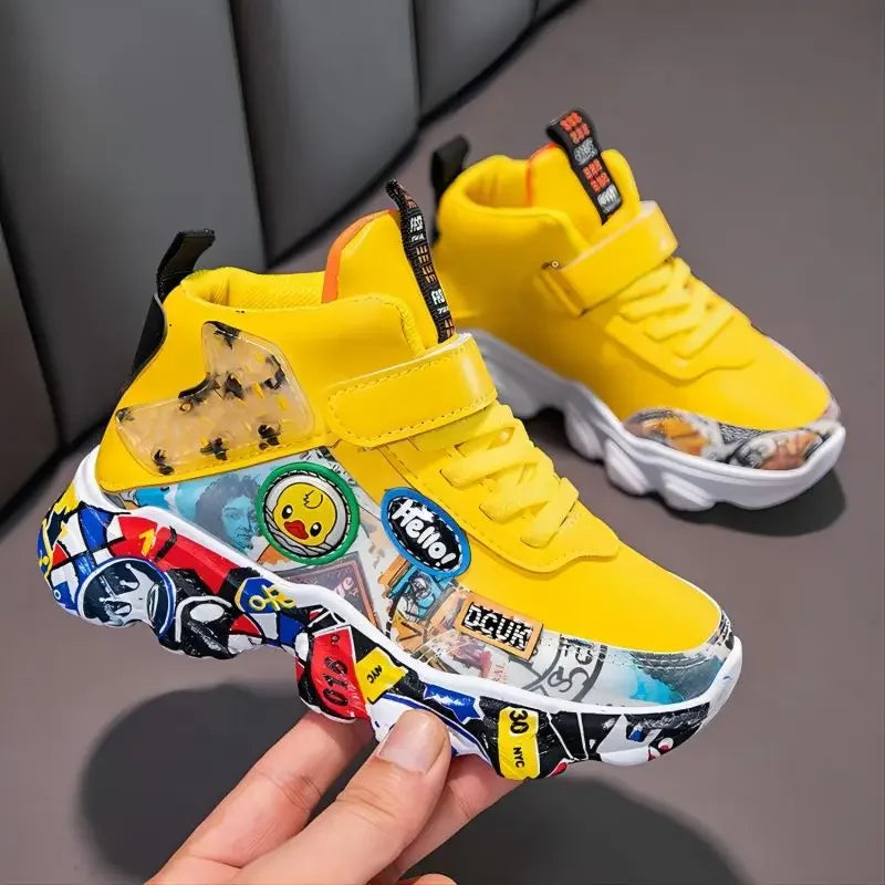 Size 26-37 Children Sports Sneakers for Girls Kid Cartoon Graffiti Pattern Casual Shoes Boys Basketball Shoe Chaussures De Sport