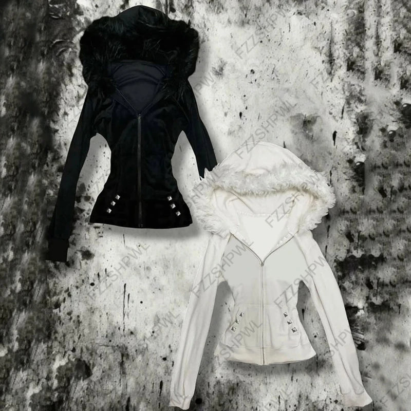 Unique Harajuku Rivet design Y2K Zip up hoodie Fashion Rock Gothic Faux Fur Collar Zipper Hoodie sweatshirt Casual Punk Clothes