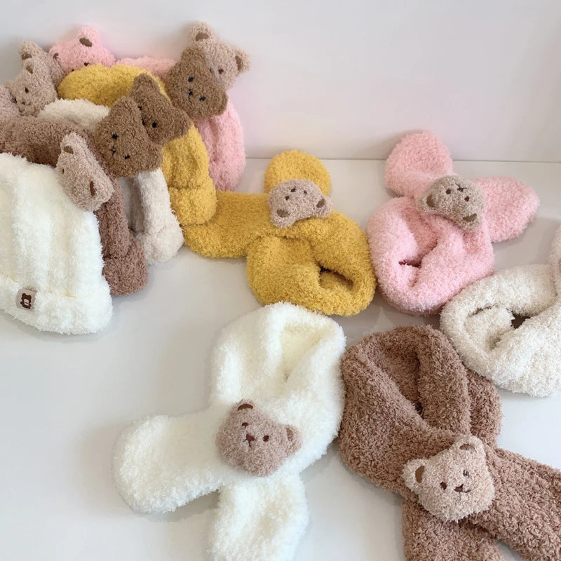 Baby Hat Scarf For Girls Boys Winter Warm Set Cartoon Bear Cold-proof Clothing For Kids Children Stuff Brimless Cap Scarf