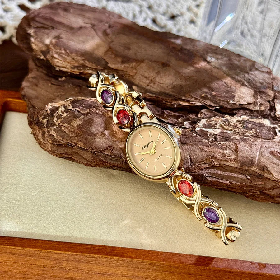Exquisite ladies' watch with oval gemstone and diamond inlay, compact vintage rainbow women's watch