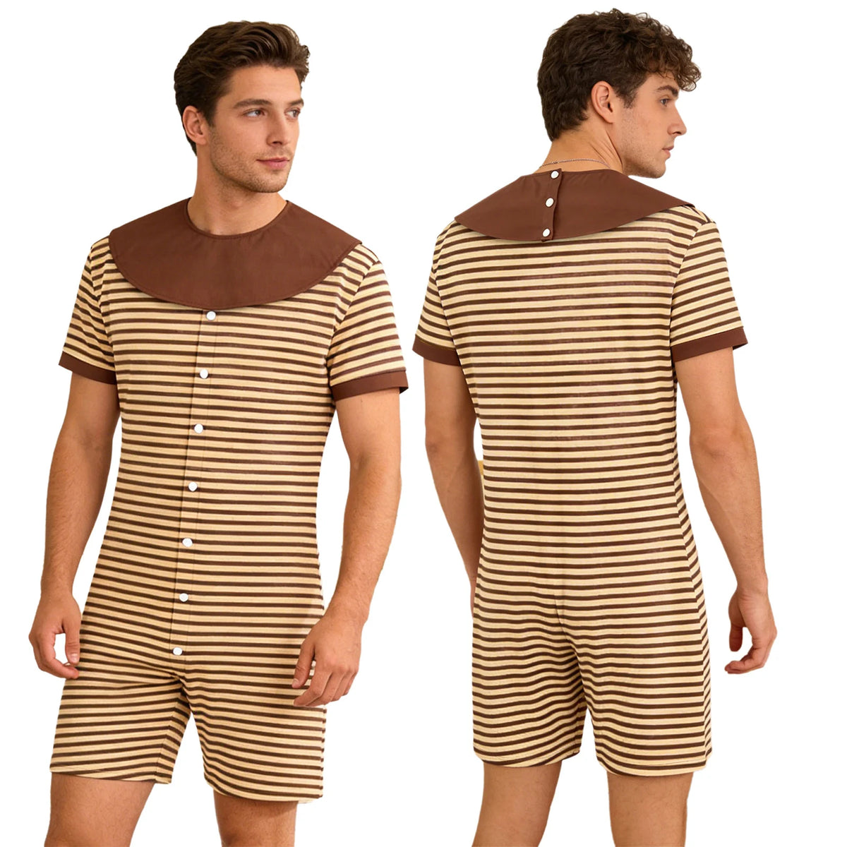 Men Striped Pajamas Bodysuit with Removable Bibs Nightgown Short Sleeve Shorts Bottom One-piece Loungewear for Casual Daily