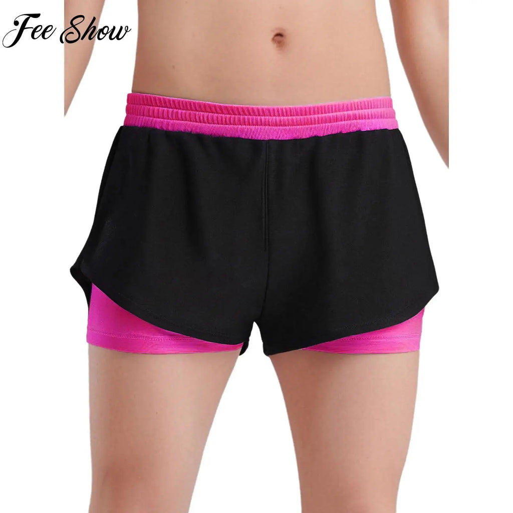 Kids Yoga Sports Shorts for Children Girls Workout Clothing Double-Layer Contrasting Shorts Running Cycling Bottoms Costumes