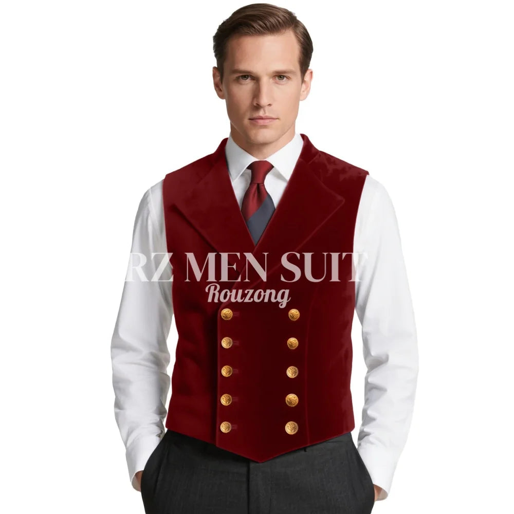Mens Velvet Suit Vest Retro Lapel Double Breasted Tuxedo Vests Victorian Formal Waistcoat chaleco hombre