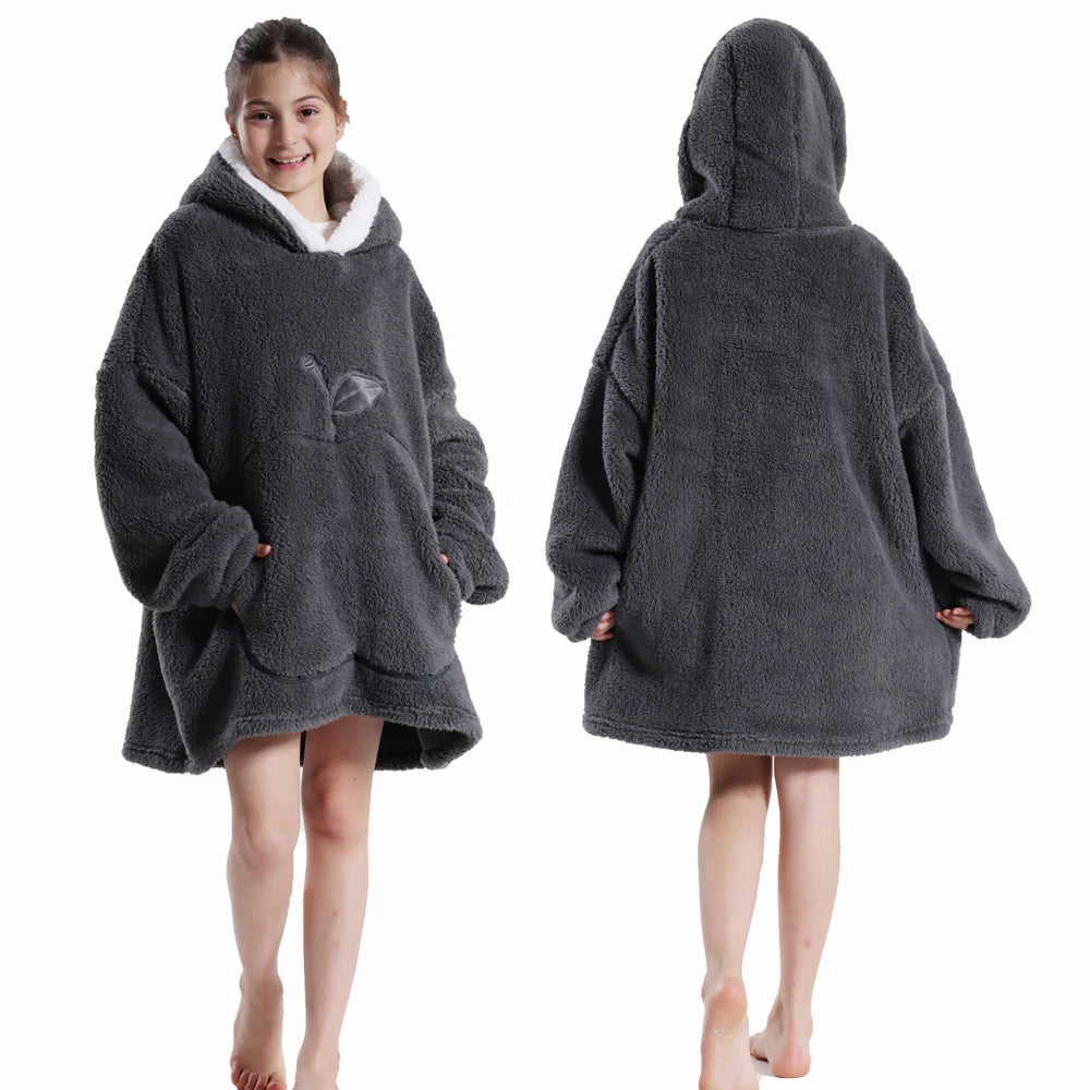 Winter Hoodies for Girls Boys Hooded Flannel Warm Sweatshirts Children's Wearable Blanket with Sleeves Kids 100-160cm Clothing