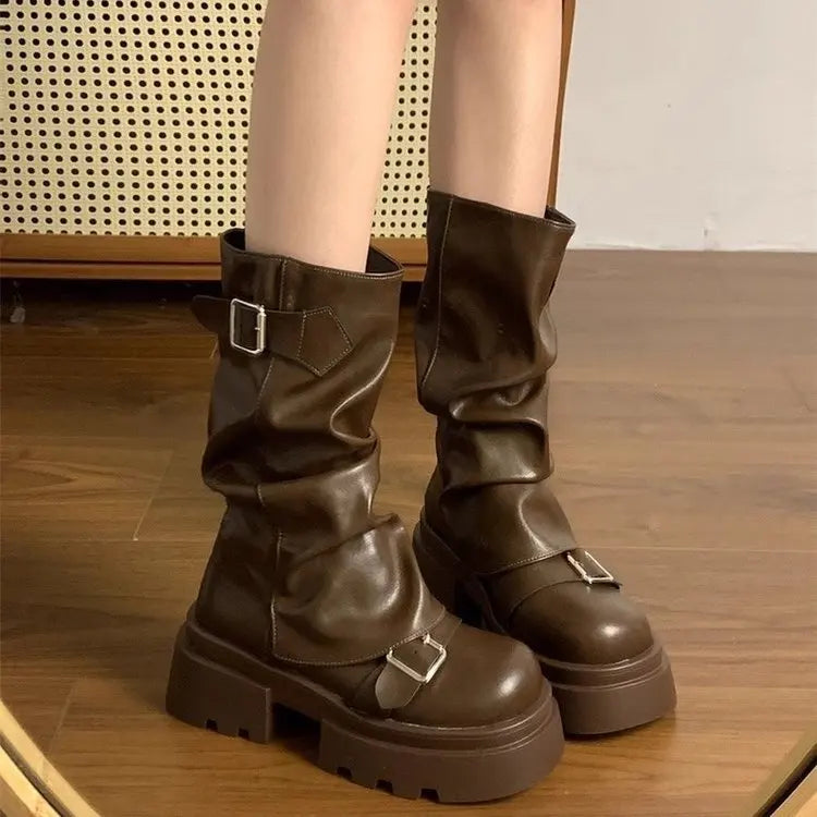 Shoes for Women Mid-Calf Women's Boots Platform Modern Boots Women Belt Buckle Square Toe Side Zip Square Heel Shoes Female