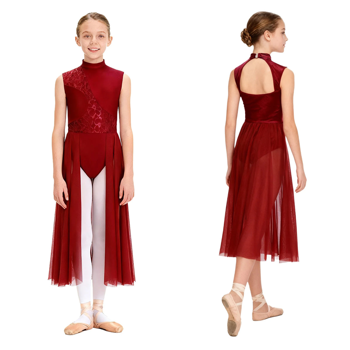 Kids Girls Floral Lace Patchwork Lyrical Ballet Dance Dresses Cutout Back Leotard Dress Dancewear Stage Performance Costume
